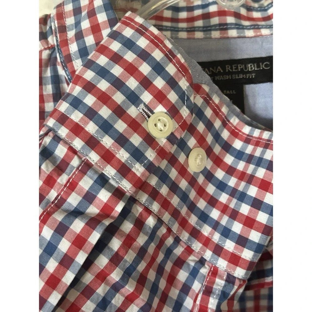 Banana Republic Men Soft Slim Fit Plaid Shirt Size XL TALL Blue Red White Cotton